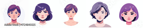 Vector Avatar of a woman's face with short purple hair, light skin, serious expression