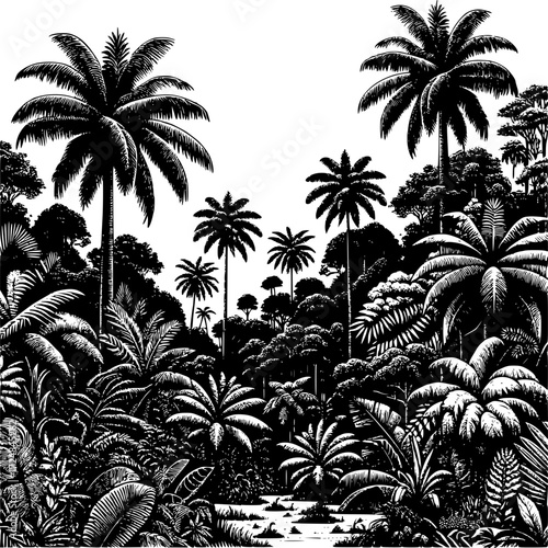 Tropical Paradise: A captivating illustration of lush tropical flora, showcasing an intricate landscape with palm trees and a rich tapestry of foliage.