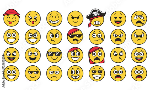 Collection of cartoon smiley faces with various emotions and expressions
