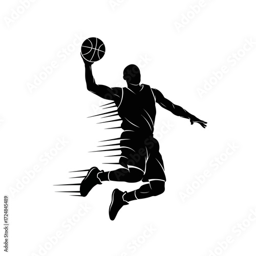 Energetic Black Vector Silhouette Basketball Player Dunking Celebrating Victory Championship