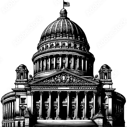 Architectural Majesty: A detailed black and white illustration showcases the grandeur of a classical government building, emphasizing its architectural features. 