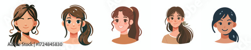 Vector Avatar of a young woman's face with ponytail, tanned skin, cheerful expression