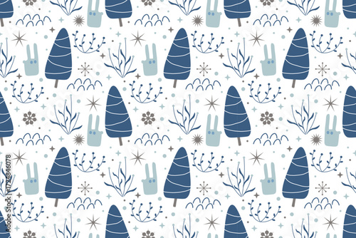 Cute natural seamless pattern. Winter forest with snowflakes, gray hare, late grass, forest glade. Flat design in vector. For wallpaper, textiles, packaging, background or website.
