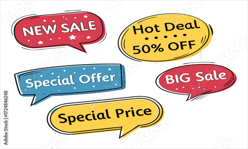 Collection of colorful sale and offer speech bubbles with discount messages