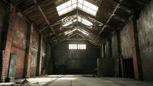 Wallpaper Mural Interior of a Dilapidated Warehouse with Damaged Roof and Skylights, Featuring Brick Walls and Concrete Floor, Industrial Decay Torontodigital.ca