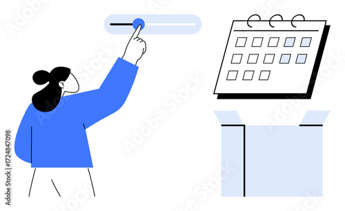 Person adjusting toggle bar, calendar for planning dates, open box for organization. Ideal for productivity, scheduling, goal-setting, planning, organization workflow efficiency concepts. Simple