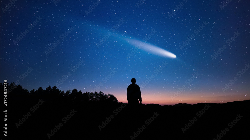 Fototapeta premium Silhouette of a man and countryside under the stars and comets.