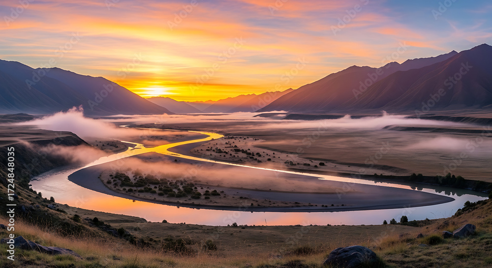 Fototapeta premium Tranquil Mountain Sunrise Panorama with River Winding Through Valley