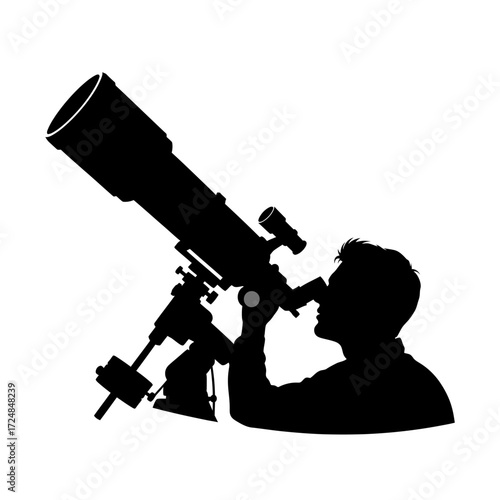 Black Vector Silhouette Male Astrophysicist with Telescope Space Exploration Science Research