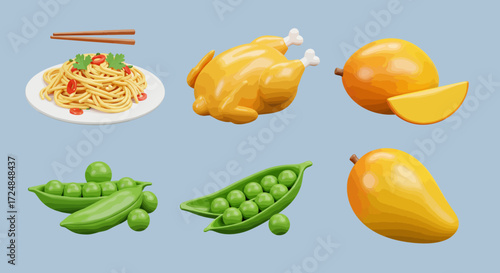 Food assortment: pasta, chicken, mangoes, and peas on a blue background.