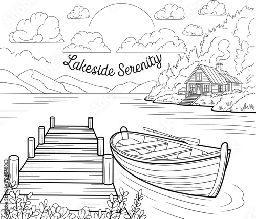 Lakeside cabin with wooden dock and rowboat on calm water pier