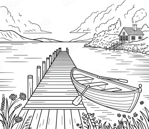 Lakeside Dock with Rowboat Coloring Page and Mountains Keywords: lake, water, dock, pier