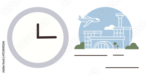 Clock and airport with flying airplane signifying flight schedule, punctuality, global travel, business trips. Ideal for time management, organization, planning, scheduling, logistics travel