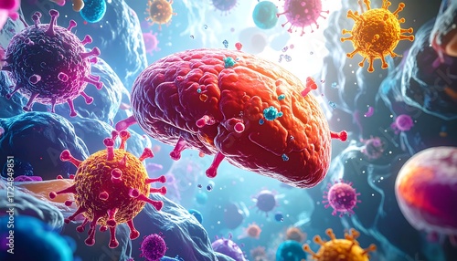 A colorful, artistic depiction of viruses attacking a biological entity, possibly brain or tissue. The piece features vibrant colors and shapes