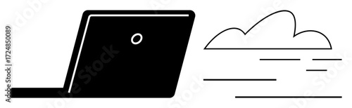 Side view of laptop with cloud and motion lines suggesting data transfer. Ideal for technology, cloud computing, digital storage, remote work, innovation, connectivity, simplicity. A simple flat