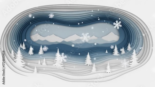 Christmas season begins. Christmas snowflake winter landscape with mountain pine tree and paper art style, snowy blue white scene, peaceful festive