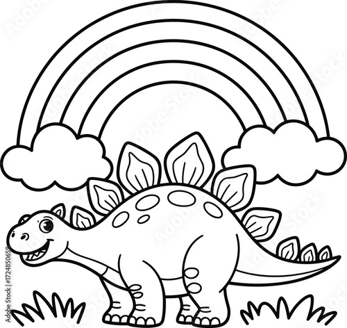Stegosaurus Dinosaur Coloring Page with Rainbow and Clouds Keywords: dinosaur, stegosaurus