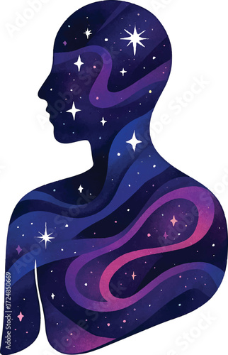 Beautiful vector illustration of a woman's face and hair in a winter night sky with stars, a moon, and falling snowflakes