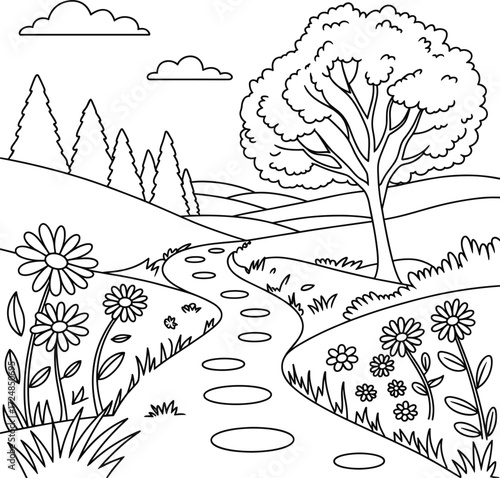 Stepping Stone Path Through Rolling Hills With Flowers And Tree stepping stones