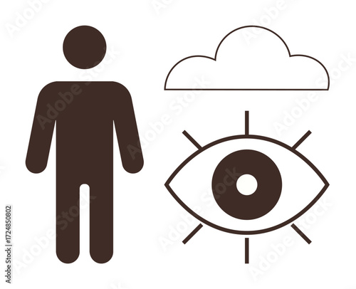 Human figure next to an eye with radiating lines and a cloud overhead. Ideal for themes thumbs up awareness, perception, oversight, observation, security, vision, and mindfulness. Bold simple flat