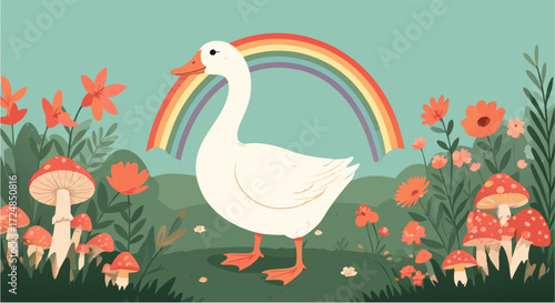 Goose in garden with rainbow