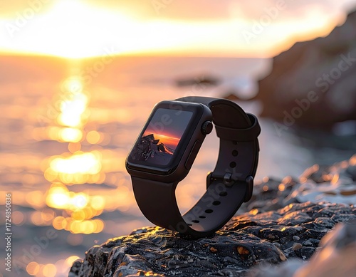 Smartwatch at sunset on rocks by the sea