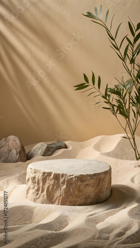 Round stone podium on sand with plant and rocks image