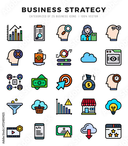 Vector icons set of Business Strategy. Lineal Color style Icons.
