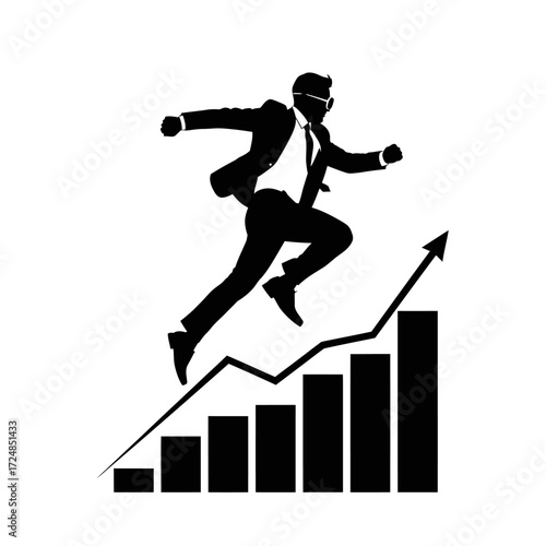 Motivational Silhouette Entrepreneur Leaping Bar Chart Business Success Financial Growth