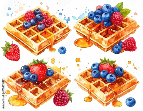 Four waffle squares, topped with fresh berries and drizzled with honey