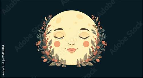 Moon face with floral frame