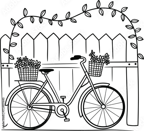 Vintage bicycle with flower baskets parked by a wooden fence bike retro
