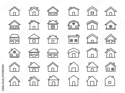 Collection of black outline house icons on white background