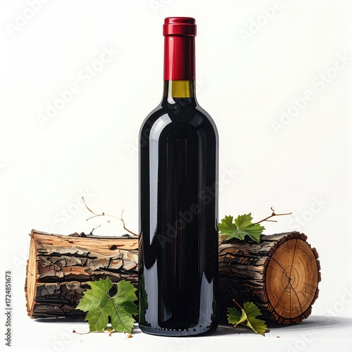 Red wine bottle on wood logs