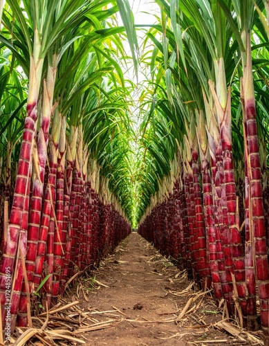 Red sugarcane stalks in a straight row (1)