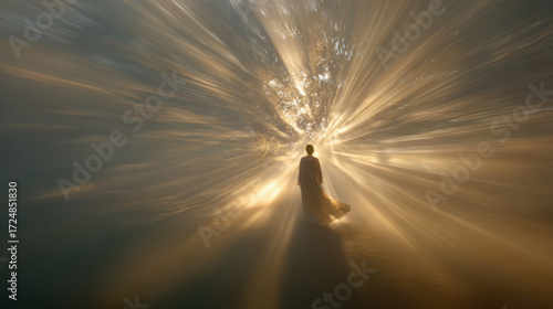 Golden light illuminating a figure standing amidst swirling mist and trees, creating a dreamlike atmosphere highlighting ethereal beauty and tranquility in nature.