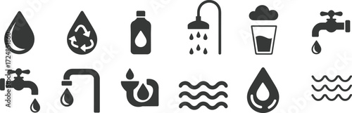 Water conservation icon set, black and white vector, droplet, faucet, shower, pipe, recycling water, eco-friendly design, purified water, sustainability symbols