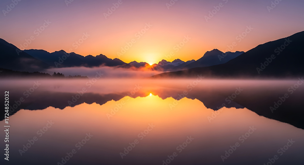 Fototapeta premium Panoramic Sunrise over Mountain Lake with Fog Rolling Across Water