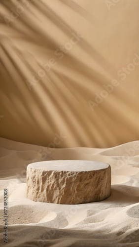 Stone podium on sand with palm leaf shadows desert
