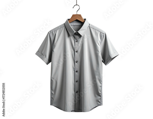 Light gray short-sleeve button-down shirt on hanger (1)