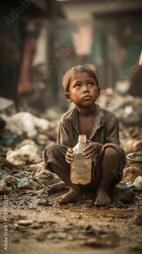 A Boy's Plea: A portrait of a young, barefoot boy with tattered clothes, clutching a water bottle in a scene that speaks volumes about poverty and resilience.