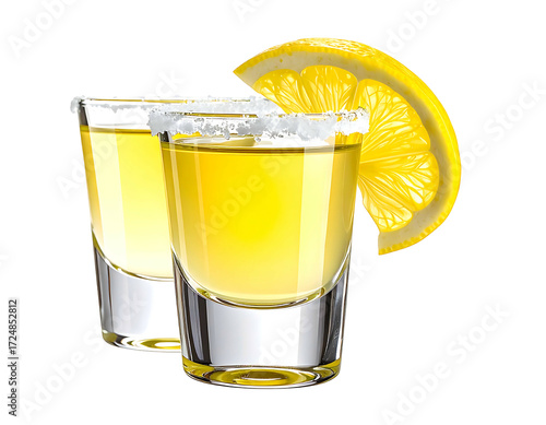 Two shot glasses of tequila with lemon slice