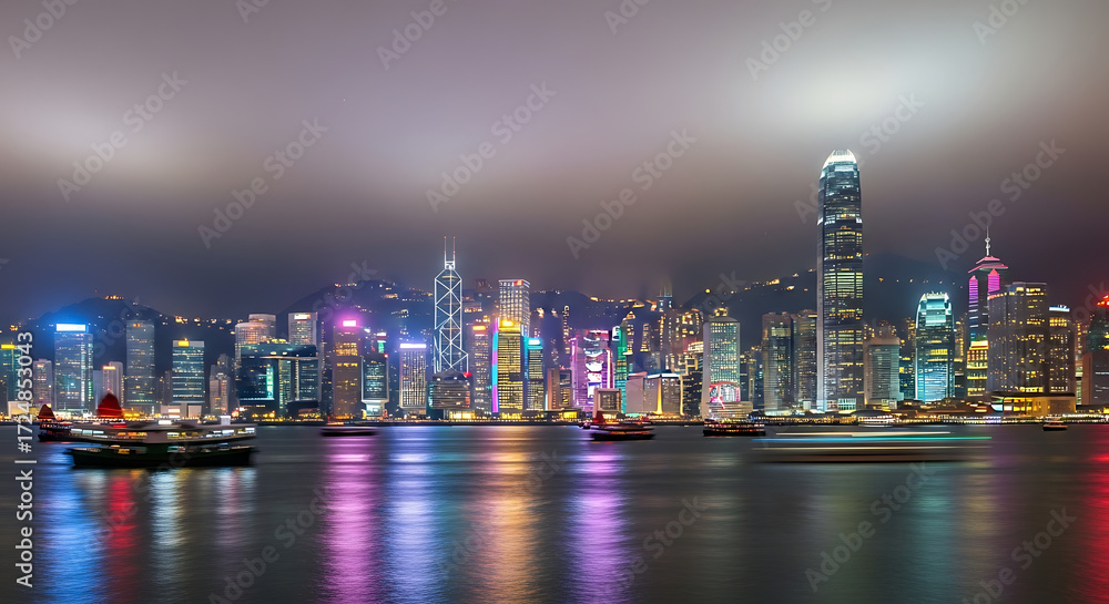 Fototapeta premium Realistic Hong Kong Skyline Night with Harbor Reflections