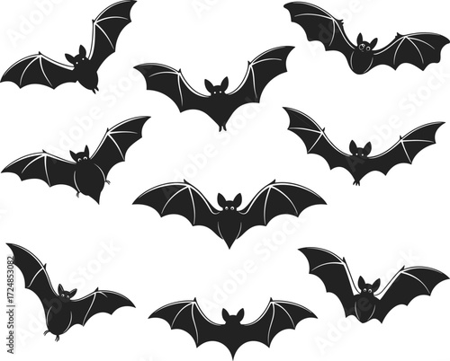 Bat silhouette icon set, cartoon-style black vector, Halloween theme, flying bats illustration, spooky design, nocturnal animal symbols, gothic artwork, white background
