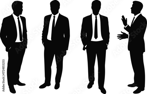 Business professional silhouette icon set, corporate attire figures, black design illustration, career and office symbols, workplace communication graphics, leadership posture visuals