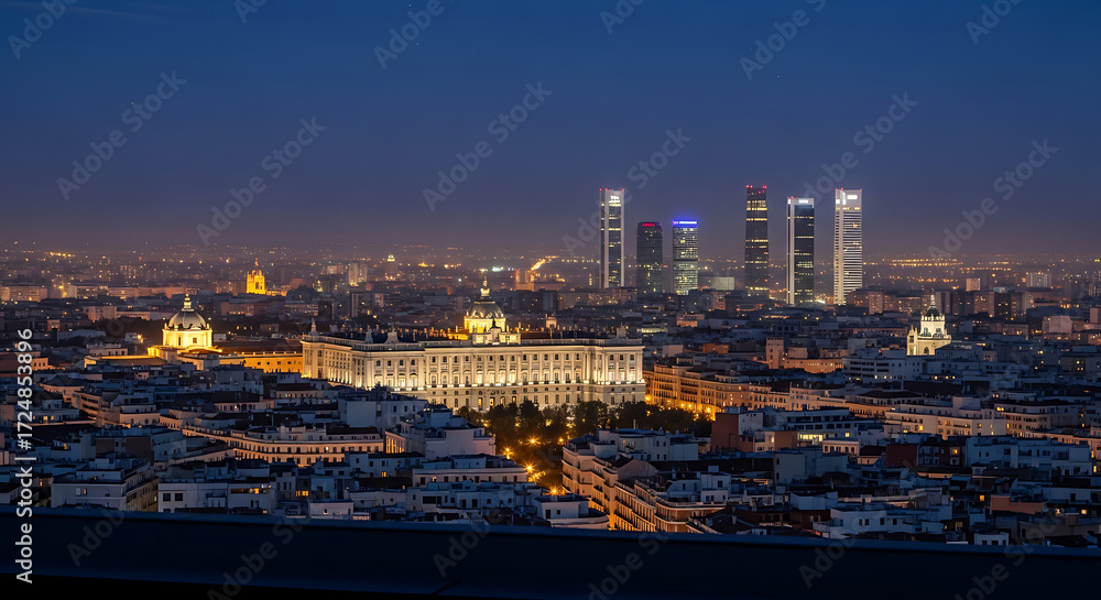 Obraz premium Panoramic night view of Moscow's cityscape with a river, bridges, and illuminated buildings under a dramatic dusk sky