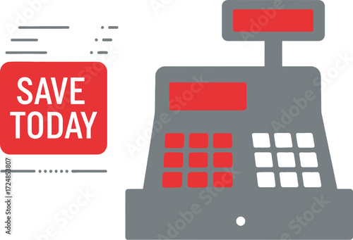 Retro cash register with "Save Today" message, promoting savings and discounts