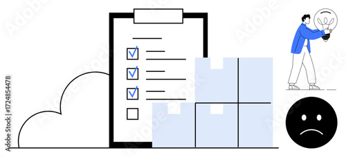 Checklist with marked tasks, stacked boxes, cloud, person holding lightbulb, and sad face. Ideal for productivity, task management, ideas workload logistics creativity motivation. Simple flat