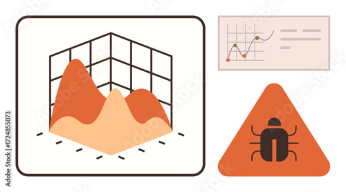 3D graph visualization alongside bug warning sign and analytics chart for insights and error analysis. Ideal for technology, programming, troubleshooting, research, monitoring, problem-solving