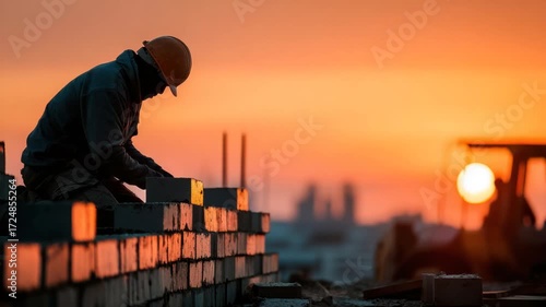 A construction worker lays bricks at sunrise